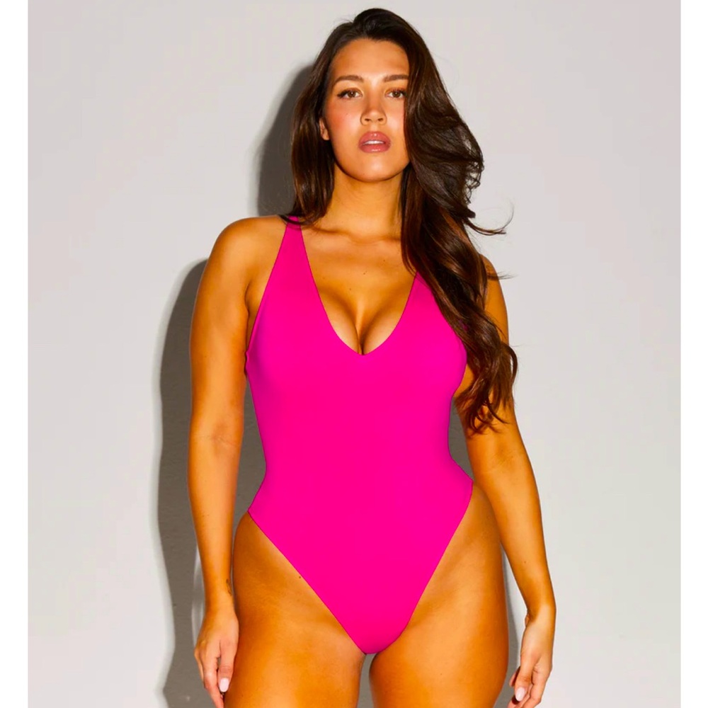 TA3 pink Plungey cut one piece swimsuit